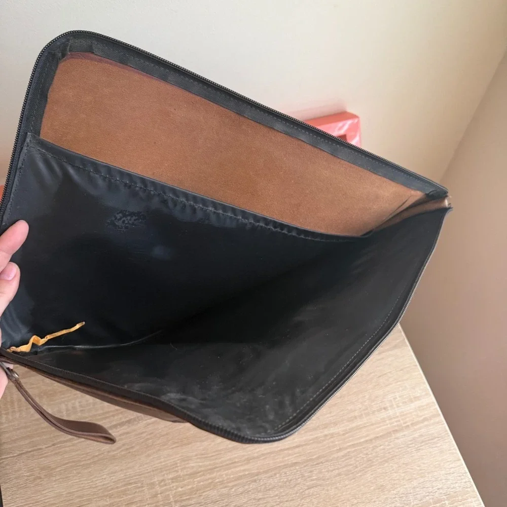 Vintage Leather Brown Zip Document Case Laptop Sleeve Solid Pattern  Double Zip